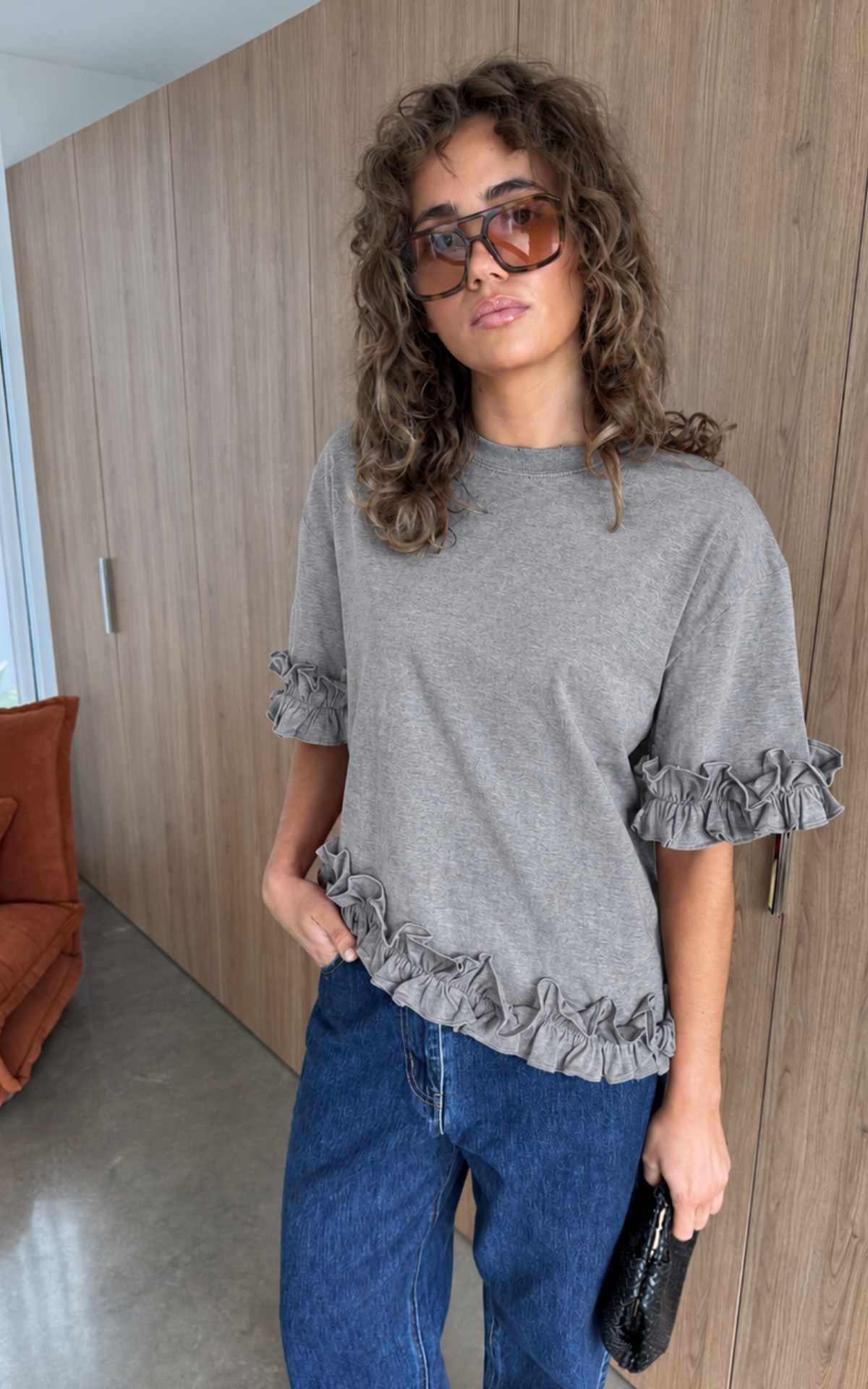 Ruffle Tee - Grey Marle