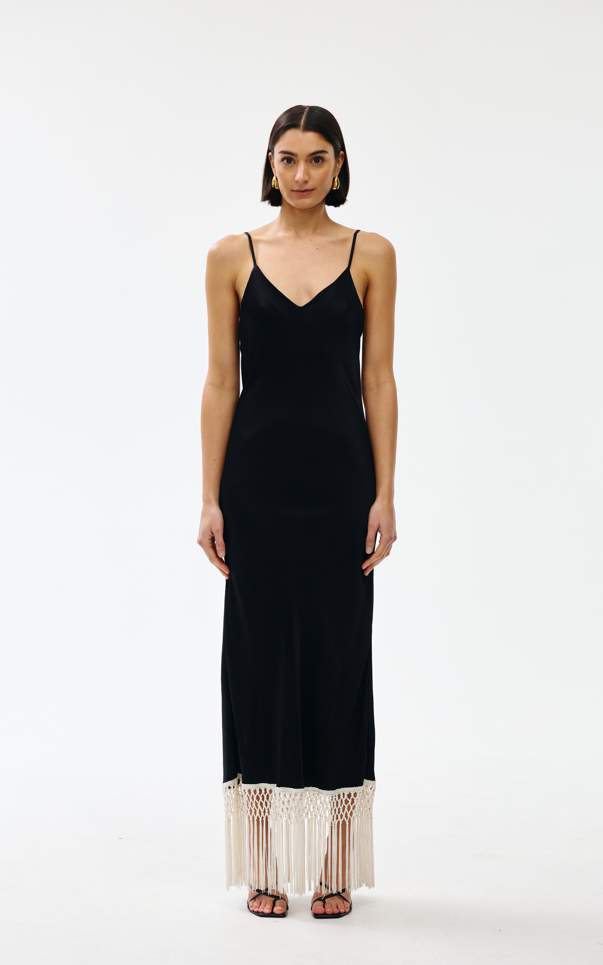 Dolly Dress - Black w Ivory Fringe